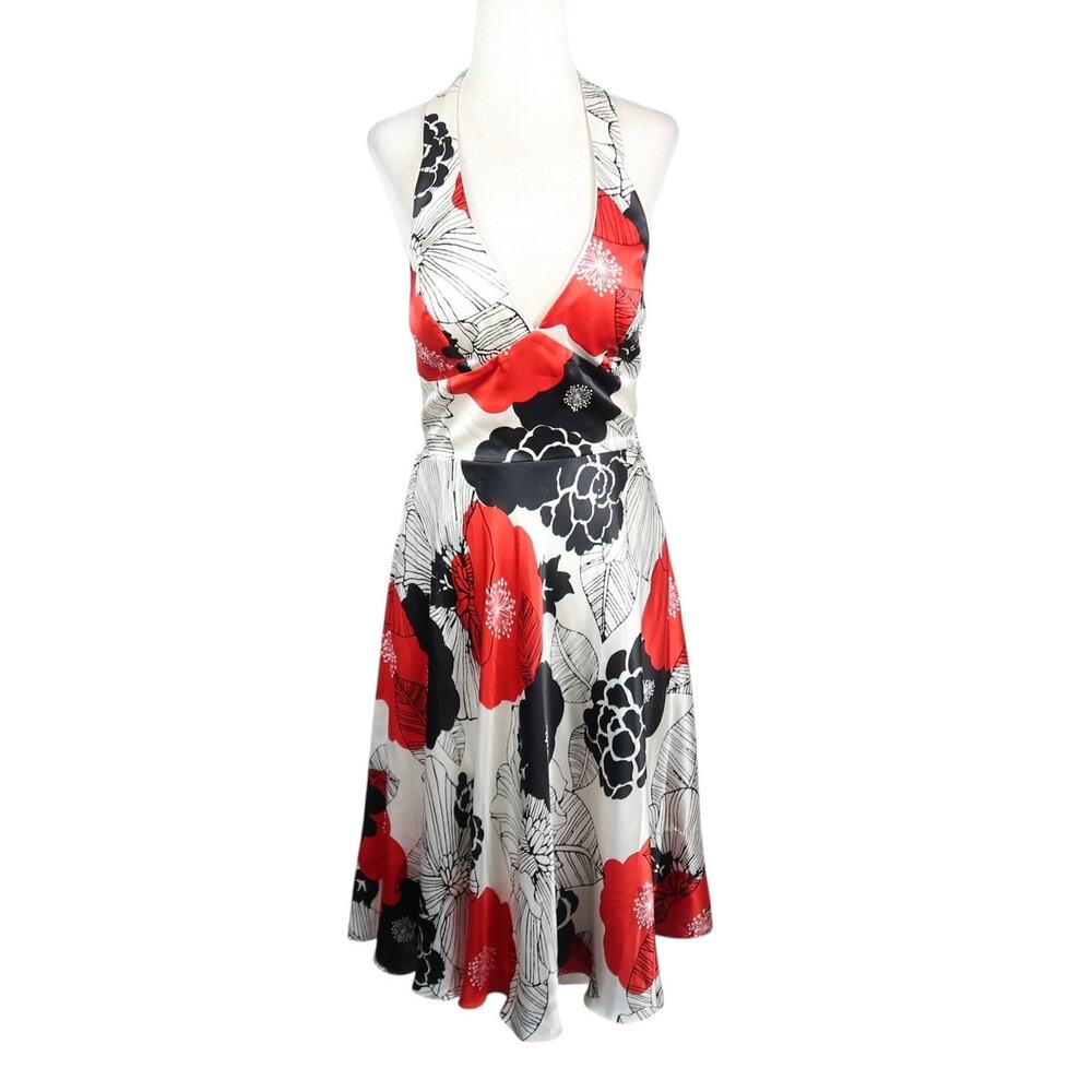 Vintage Y2K Sue Wong White Red Floral Silk Halter Midi Cocktail Dress 4